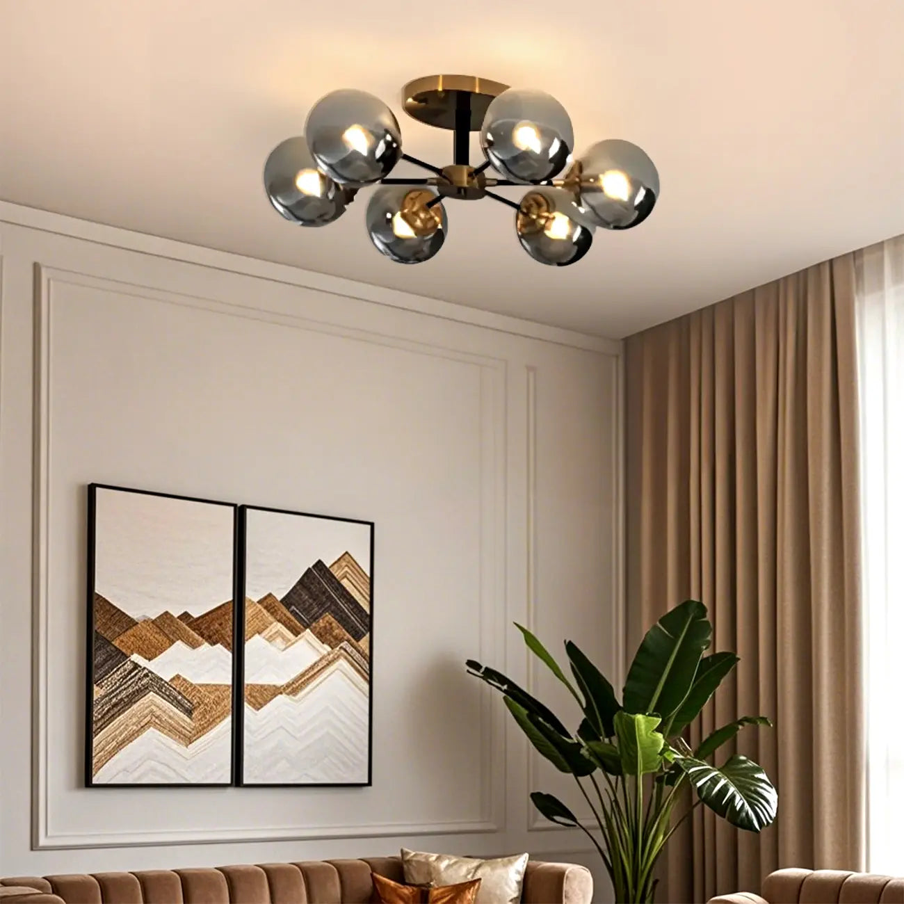 Large Smoke Grey Globe Glass Sputnik Semi Flush Ceiling Light