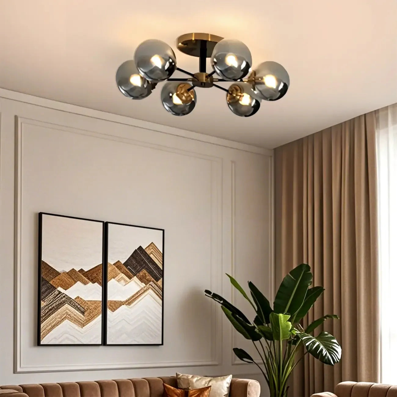 Large Smoke Grey Globe Glass Sputnik Semi Flush Ceiling Light