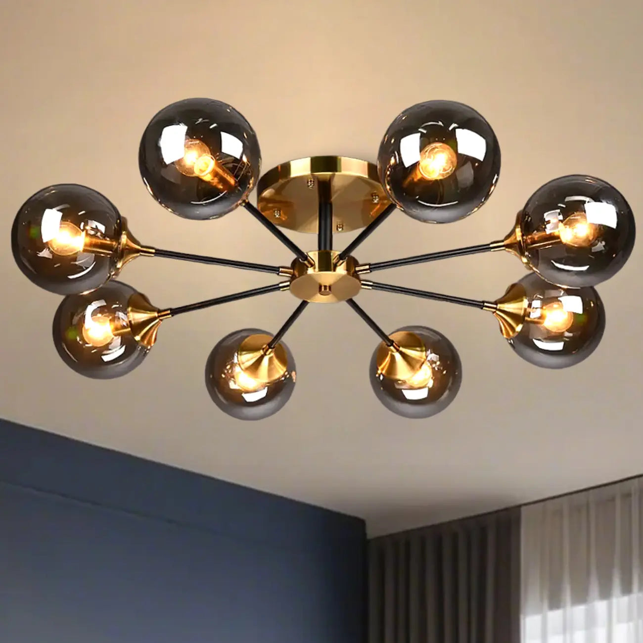 Large Smoke Grey Globe Glass Sputnik Semi Flush Ceiling Light