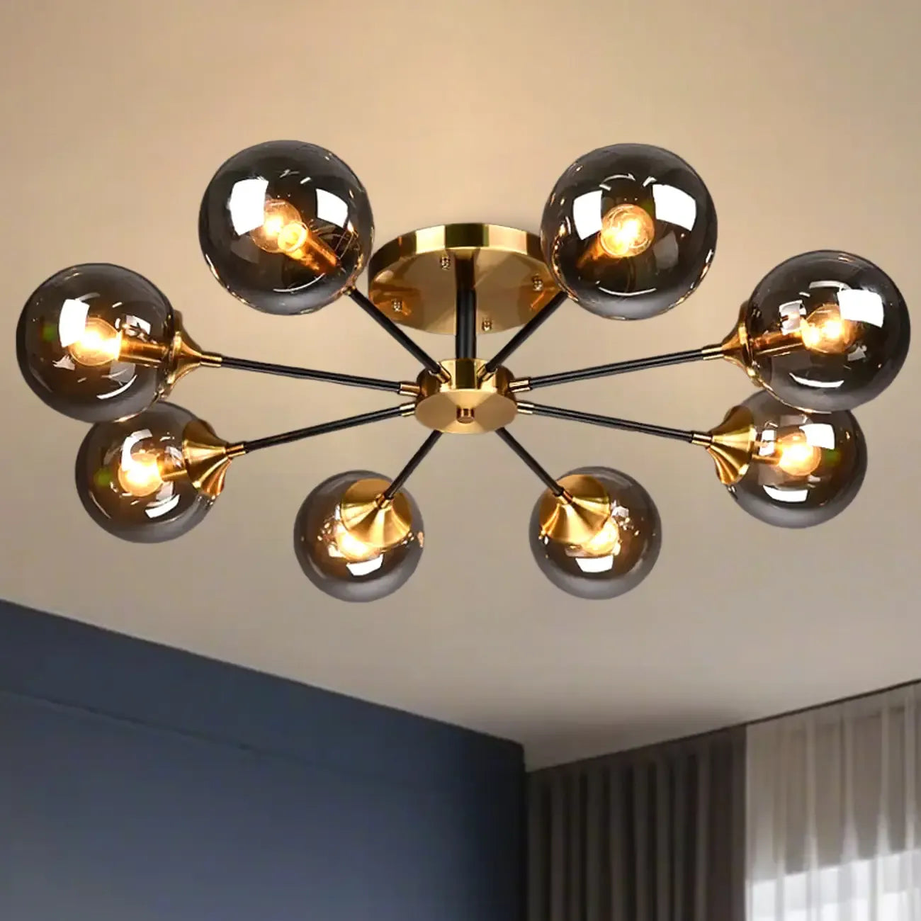 Large Smoke Grey Globe Glass Sputnik Semi Flush Ceiling Light