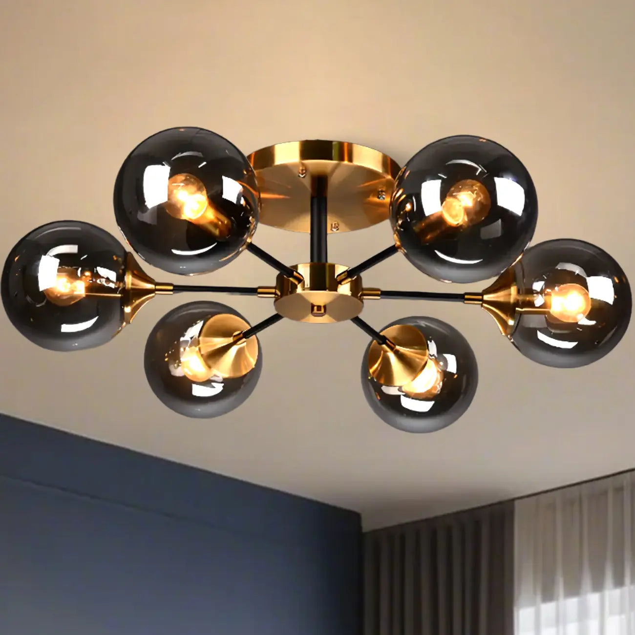 Large Smoke Grey Globe Glass Sputnik Semi Flush Ceiling Light