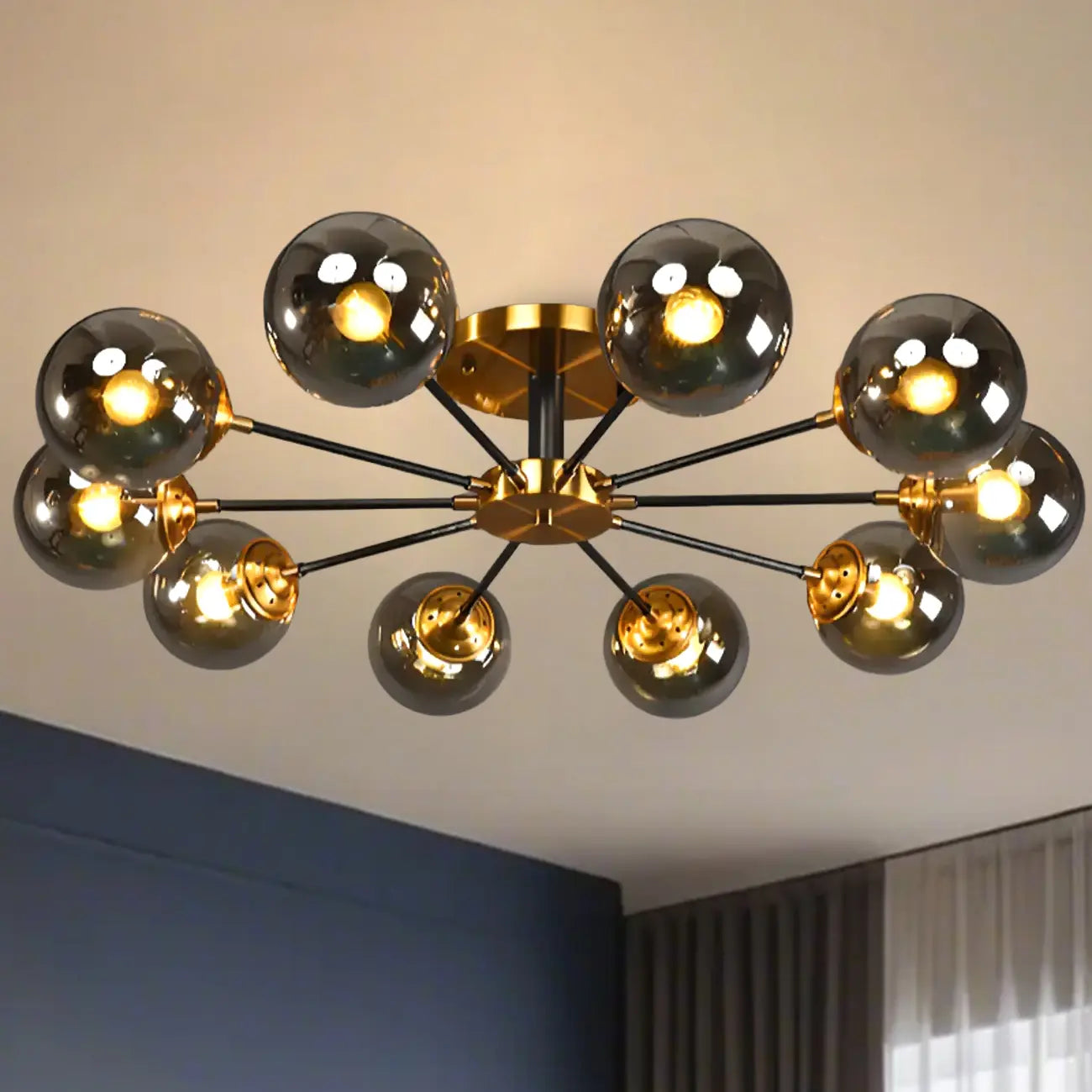 Large Smoke Grey Globe Glass Sputnik Semi Flush Ceiling Light