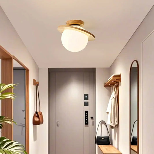 Circular Glass Ball Natural Wood Semi Flush Ceiling Light