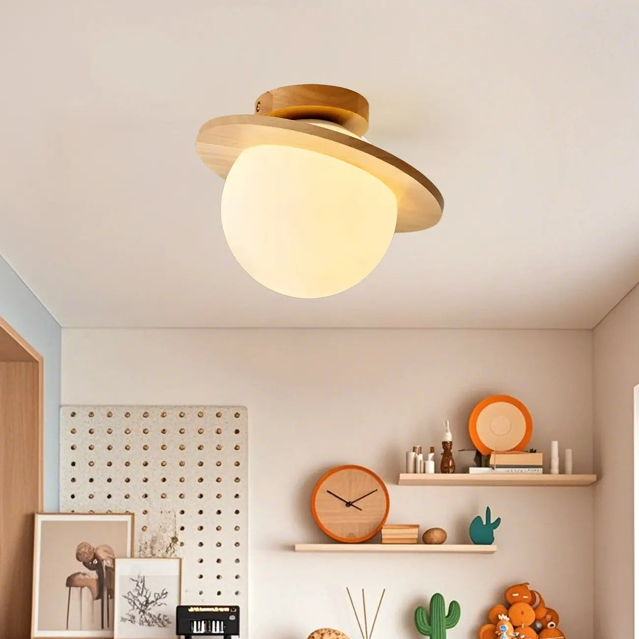 Circular Glass Ball Natural Wood Semi Flush Ceiling Light