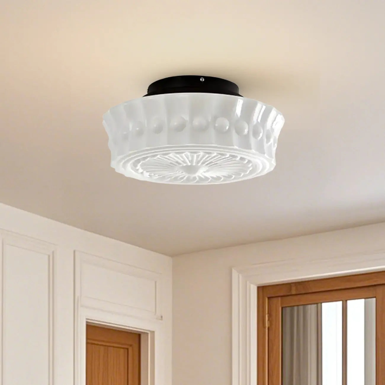 Beige Round Glass Vintage Semi Flush Ceiling Light