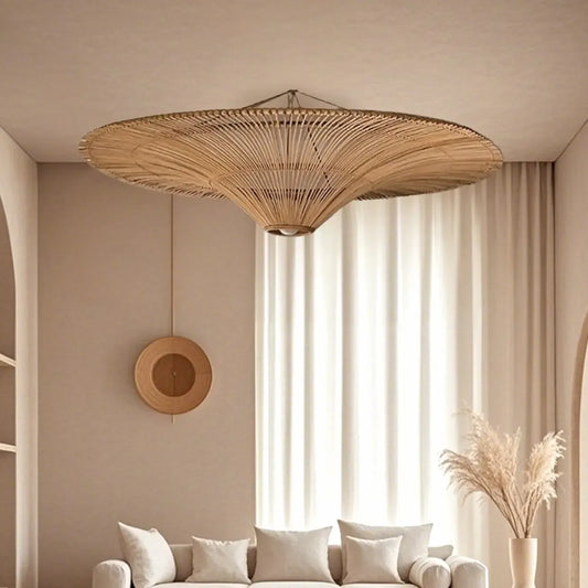 Natural Woven Rattan Bohemian Semi Flush Ceiling Light
