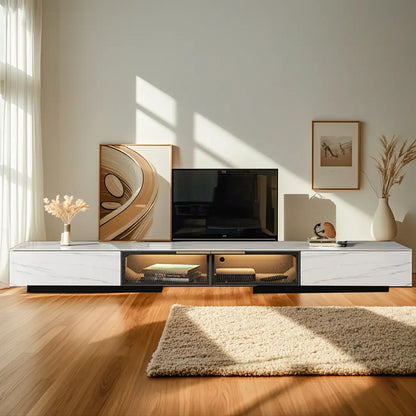 Black Modern Stone Rectangle Drawers TV Stand with LED Lights