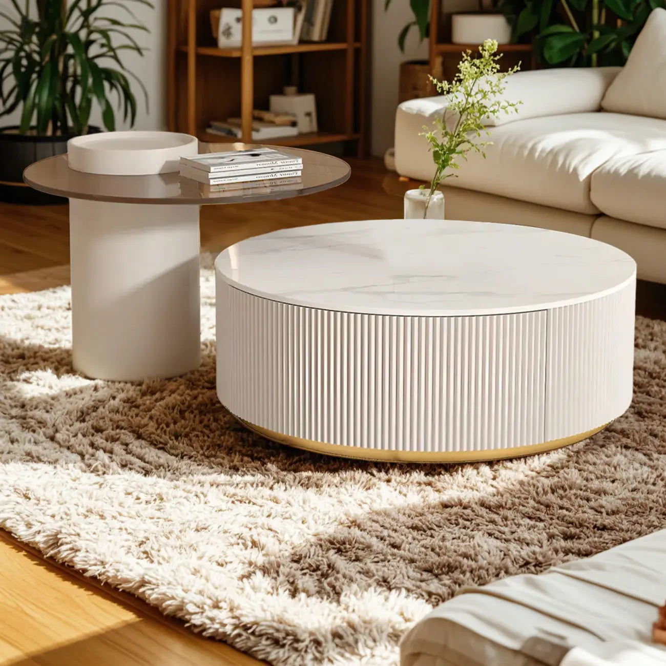 White Modern Round Drum Wood Drawer Coffee Table