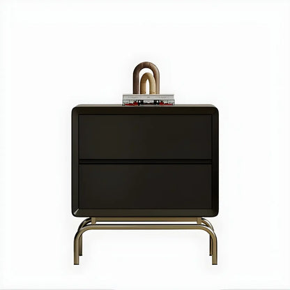 Classic Black Wood 2 Drawers Nightstand with Silver Metal Base