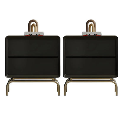 Classic Black Wood 2 Drawers Nightstand with Silver Metal Base