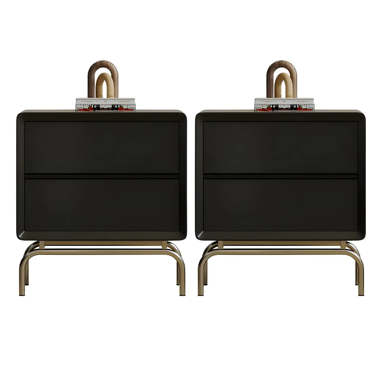 Classic Black Wood 2 Drawers Nightstand with Silver Metal Base