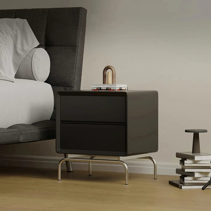 Classic Black Wood 2 Drawers Nightstand with Silver Metal Base