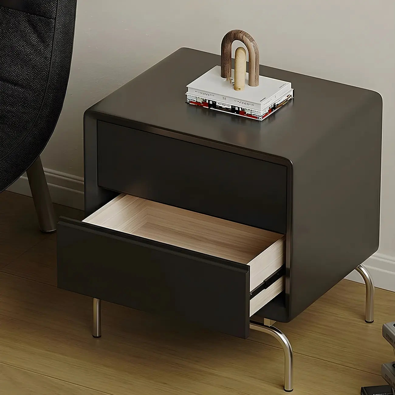Classic Black Wood 2 Drawers Nightstand with Silver Metal Base