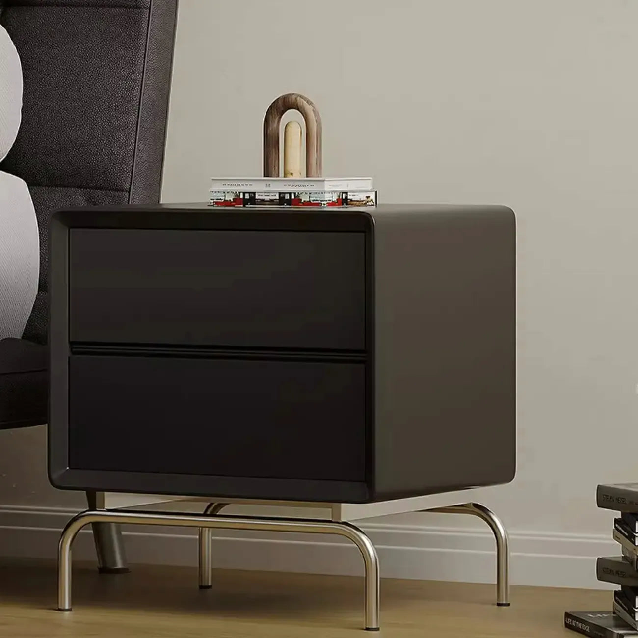 Classic Black Wood 2 Drawers Nightstand with Silver Metal Base