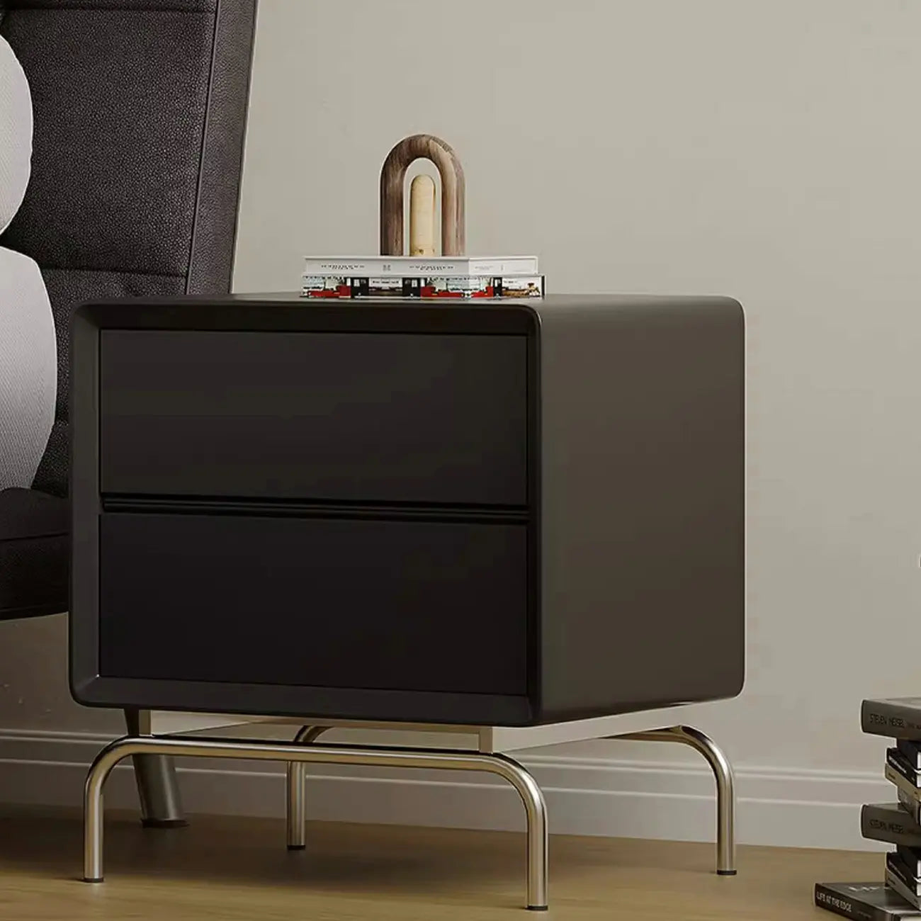 Classic Black Wood 2 Drawers Nightstand with Silver Metal Base