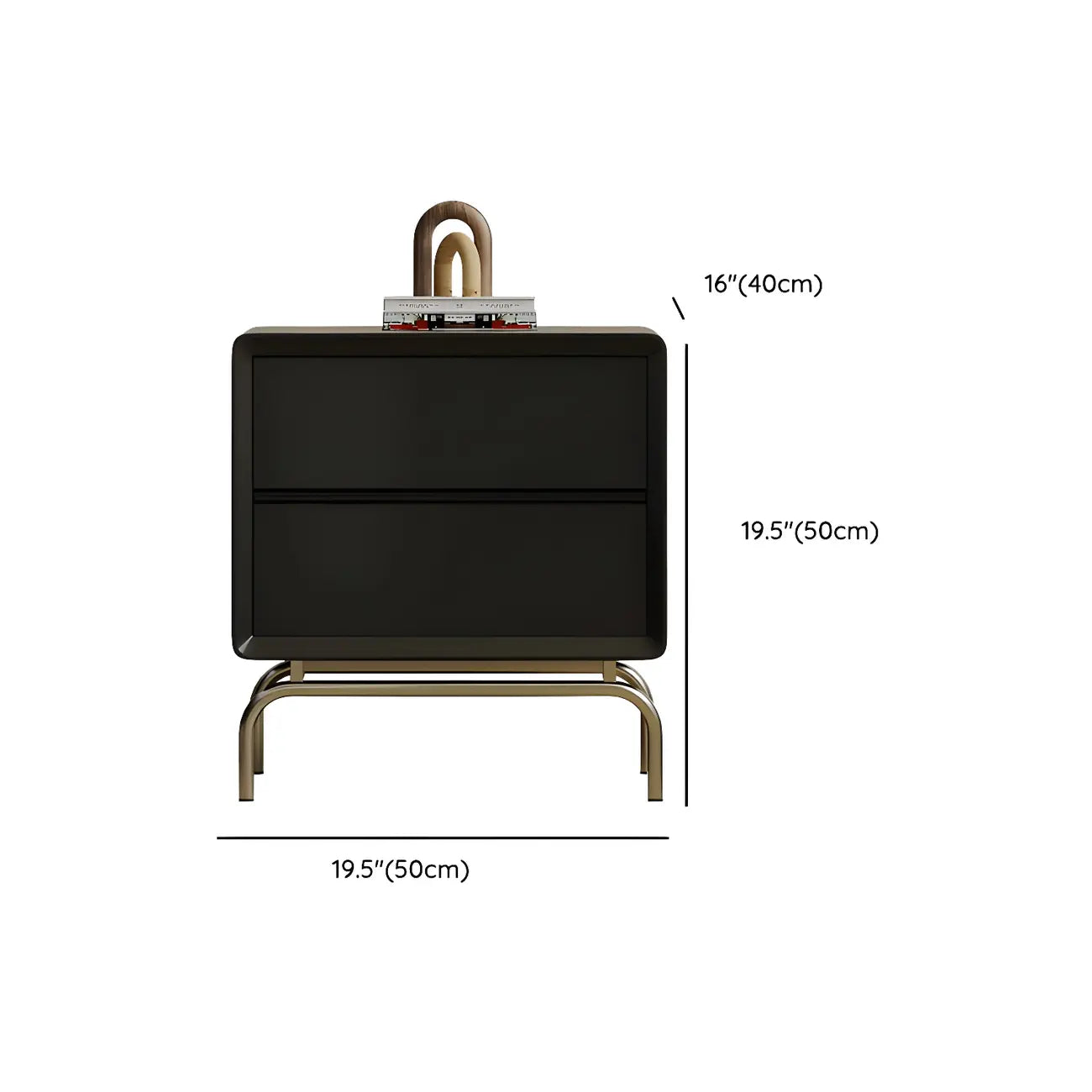 Classic Black Wood 2 Drawers Nightstand with Silver Metal Base