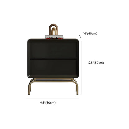 Classic Black Wood 2 Drawers Nightstand with Silver Metal Base