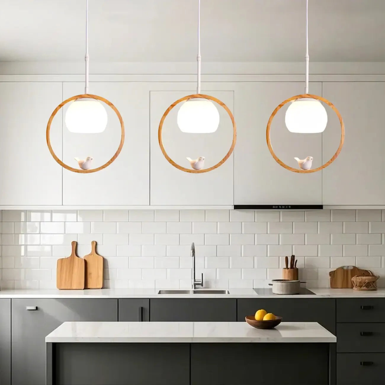 Designer Wooden Ring LED Pendant Light with Glass Shade for Home Decor