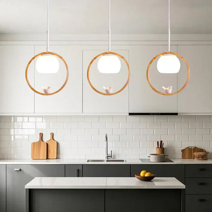 Designer Wooden Ring LED Pendant Light with Glass Shade for Home Decor