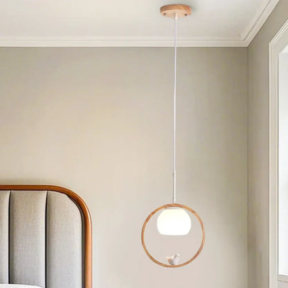 Designer Wooden Ring LED Pendant Light with Glass Shade for Home Decor
