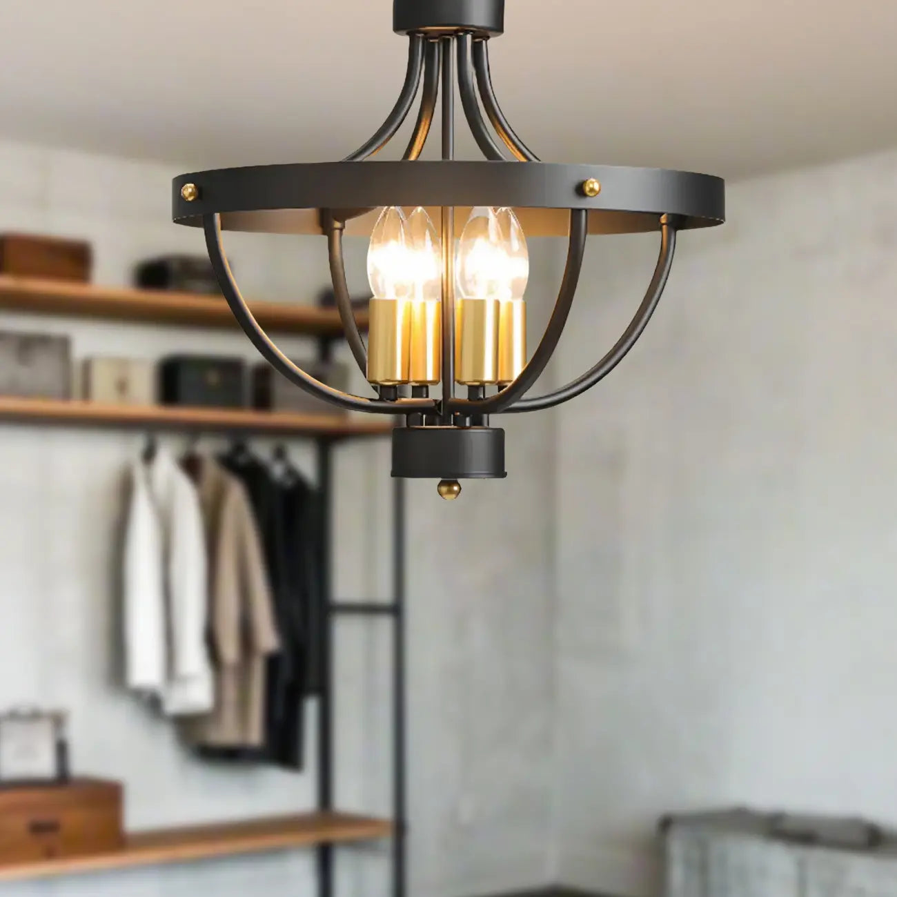 Industrial Cage-Shaped Semi-Flush Ceiling Light for Bedroom