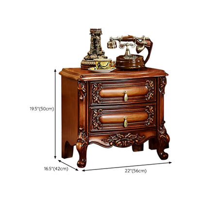 Traditional Brown Carved Wood 2-Drawer Standard Nightstand