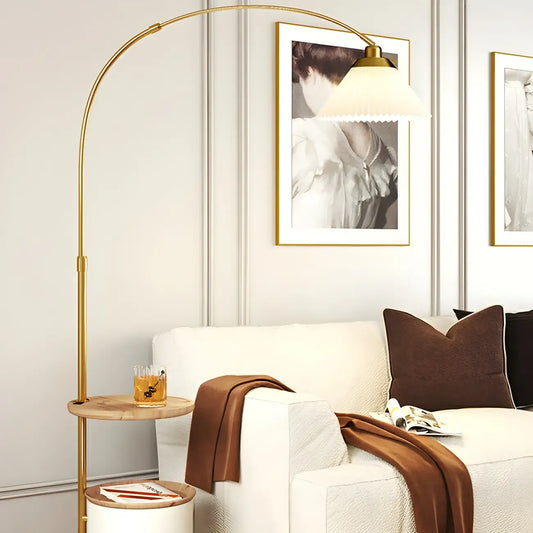 71Wooden Arc Floor Lamp with Storage Shelf for Living Room