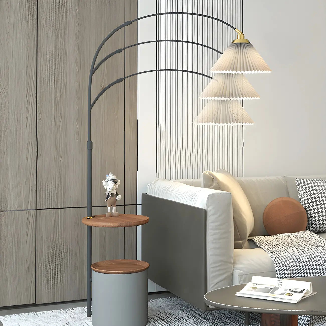71Wooden Arc Floor Lamp with Storage Shelf for Living Room