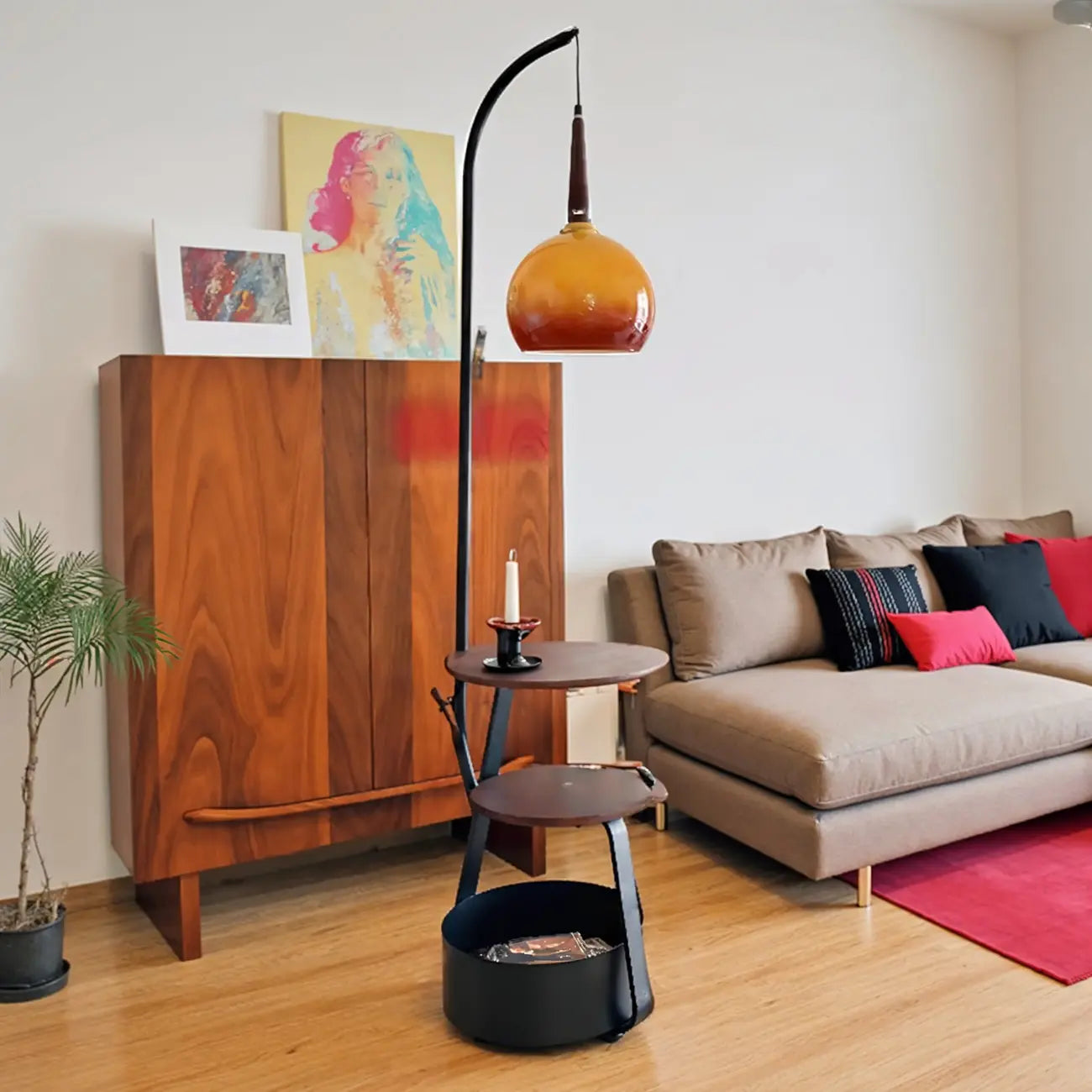 Orange Arc Standing Dome Floor Lamp with Side Table Dimmable