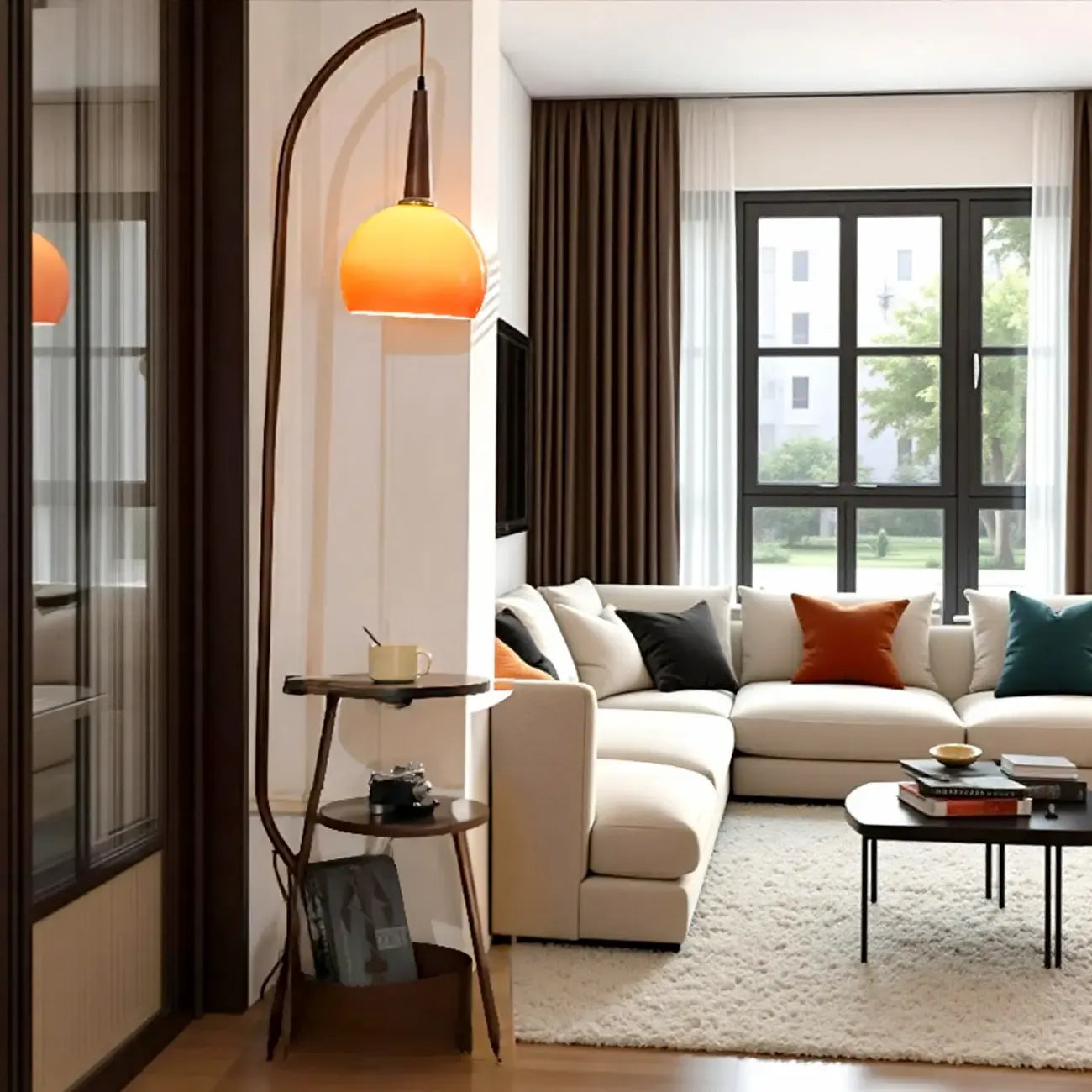 Orange Arc Standing Dome Floor Lamp with Side Table Dimmable