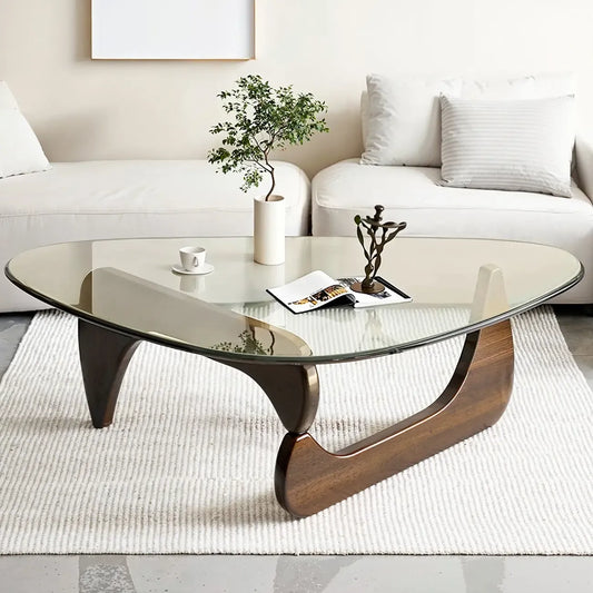 Modern Triangle Glass Coffee Table Wooden Base