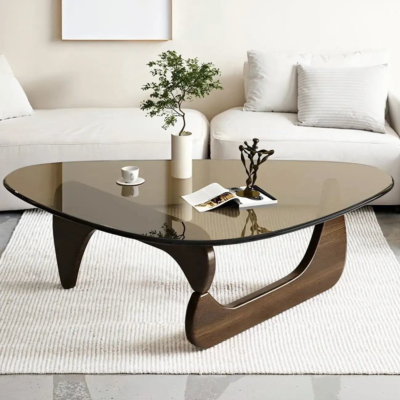 Modern Triangle Glass Coffee Table Wooden Base