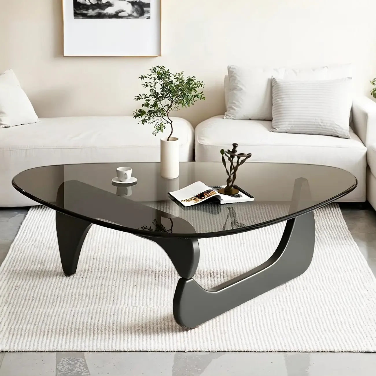 Modern Triangle Glass Coffee Table Wooden Base
