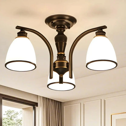 Traditional Black Down Bell Frosted Glass Semi Flush Mount Light