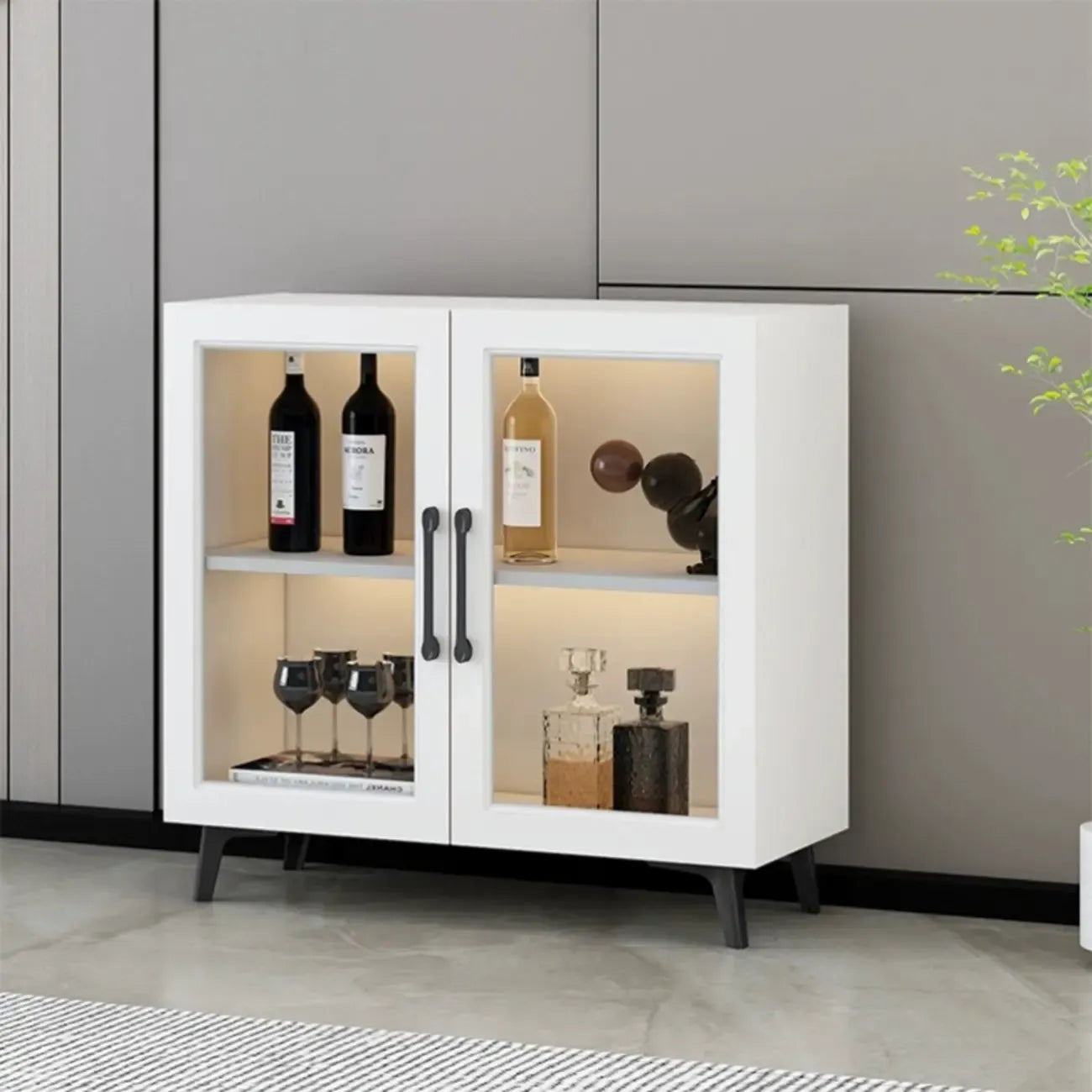 Gray Modern Display Cabinet with Metal Base and Glass Door