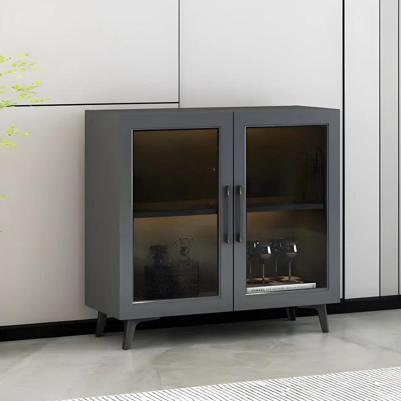 Gray Modern Display Cabinet with Metal Base and Glass Door