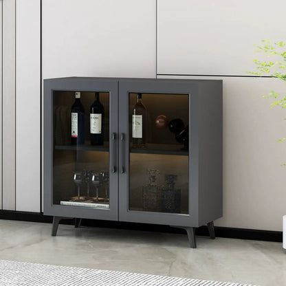 Gray Modern Display Cabinet with Metal Base and Glass Door