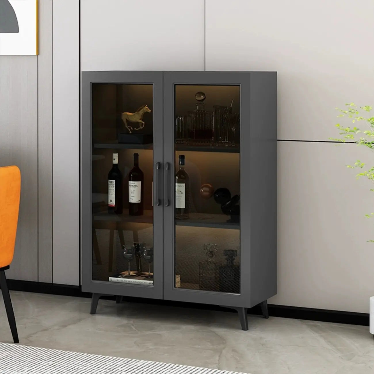 Gray Modern Display Cabinet with Metal Base and Glass Door