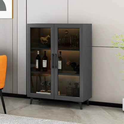 Gray Modern Display Cabinet with Metal Base and Glass Door