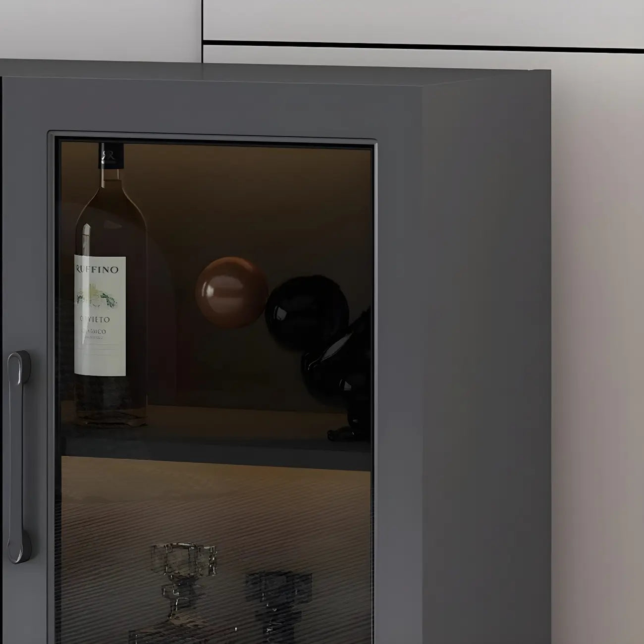 Gray Modern Display Cabinet with Metal Base and Glass Door