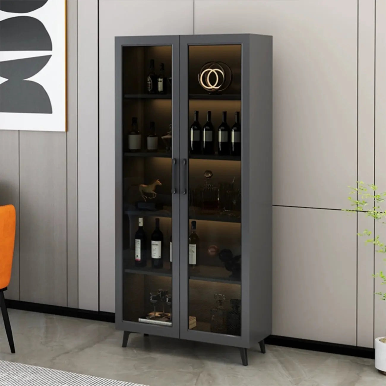 Gray Modern Display Cabinet with Metal Base and Glass Door