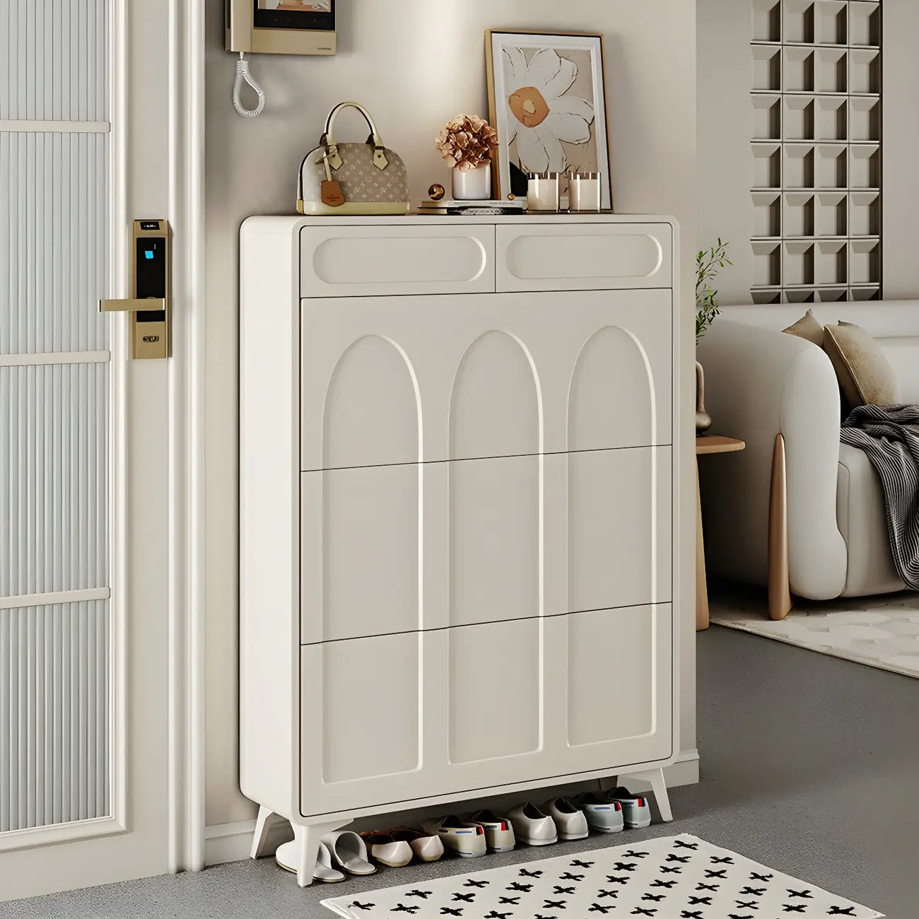 Vertical Slim White Wooden Drop Front Shoe Cabinet