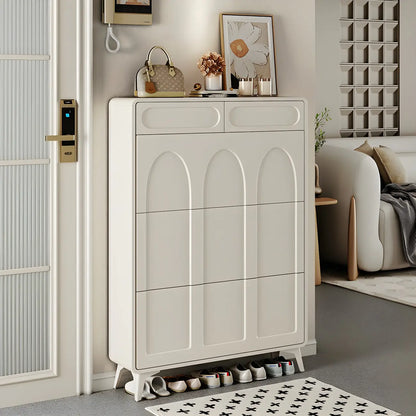 Vertical Slim White Wooden Drop Front Shoe Cabinet