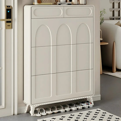 Vertical Slim White Wooden Drop Front Shoe Cabinet