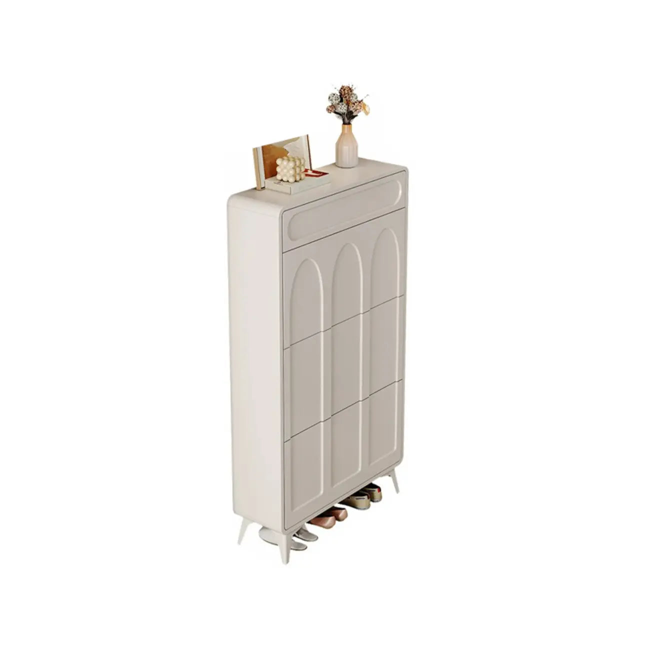 Vertical Slim White Wooden Drop Front Shoe Cabinet