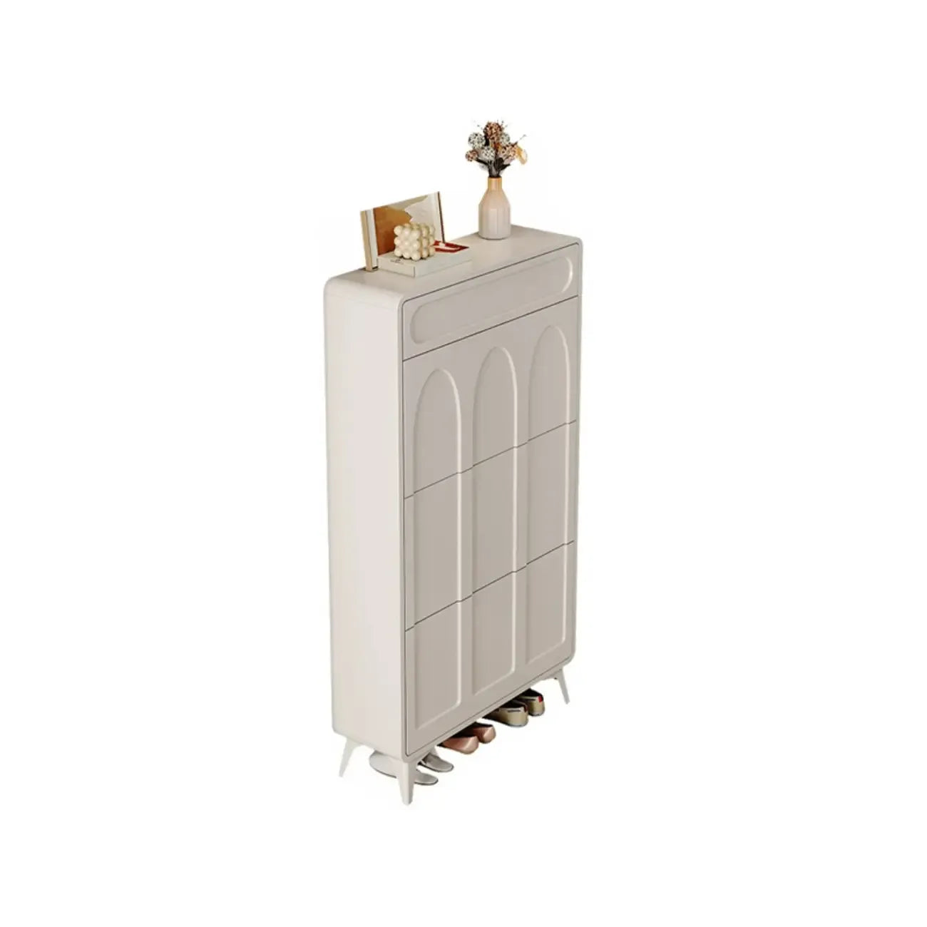 Vertical Slim White Wooden Drop Front Shoe Cabinet