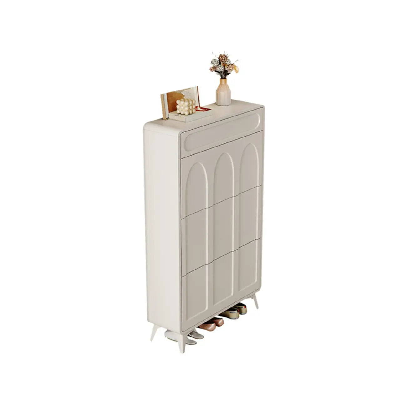 Vertical Slim White Wooden Drop Front Shoe Cabinet