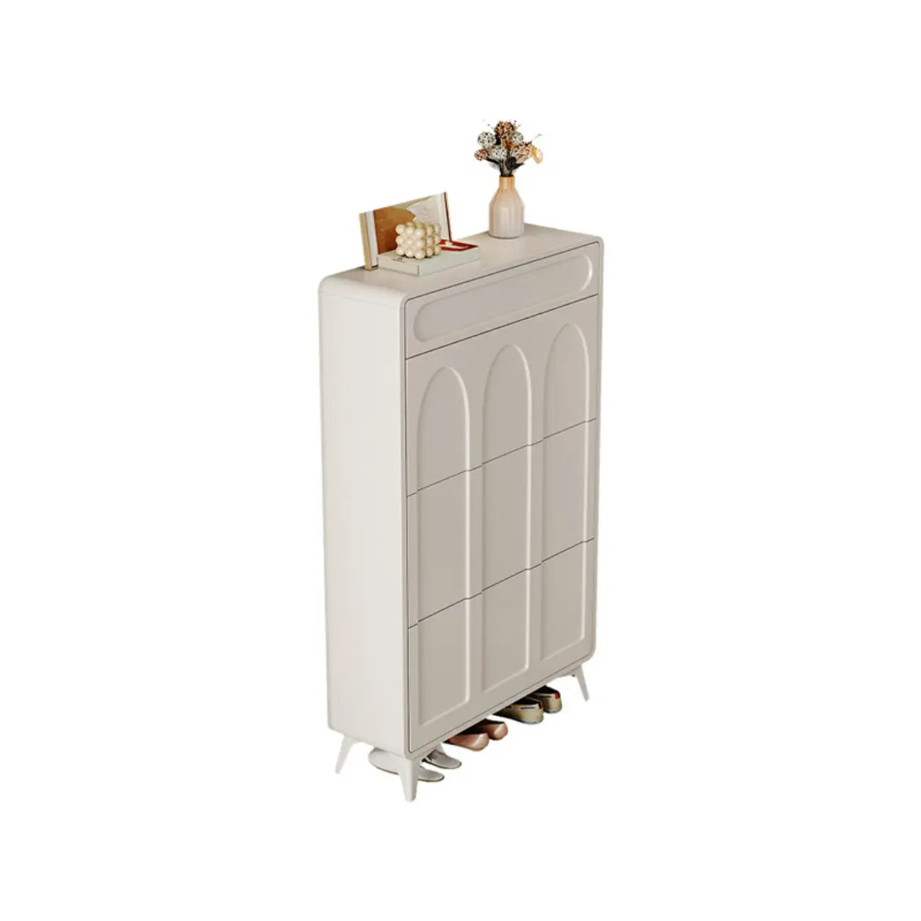 Vertical Slim White Wooden Drop Front Shoe Cabinet