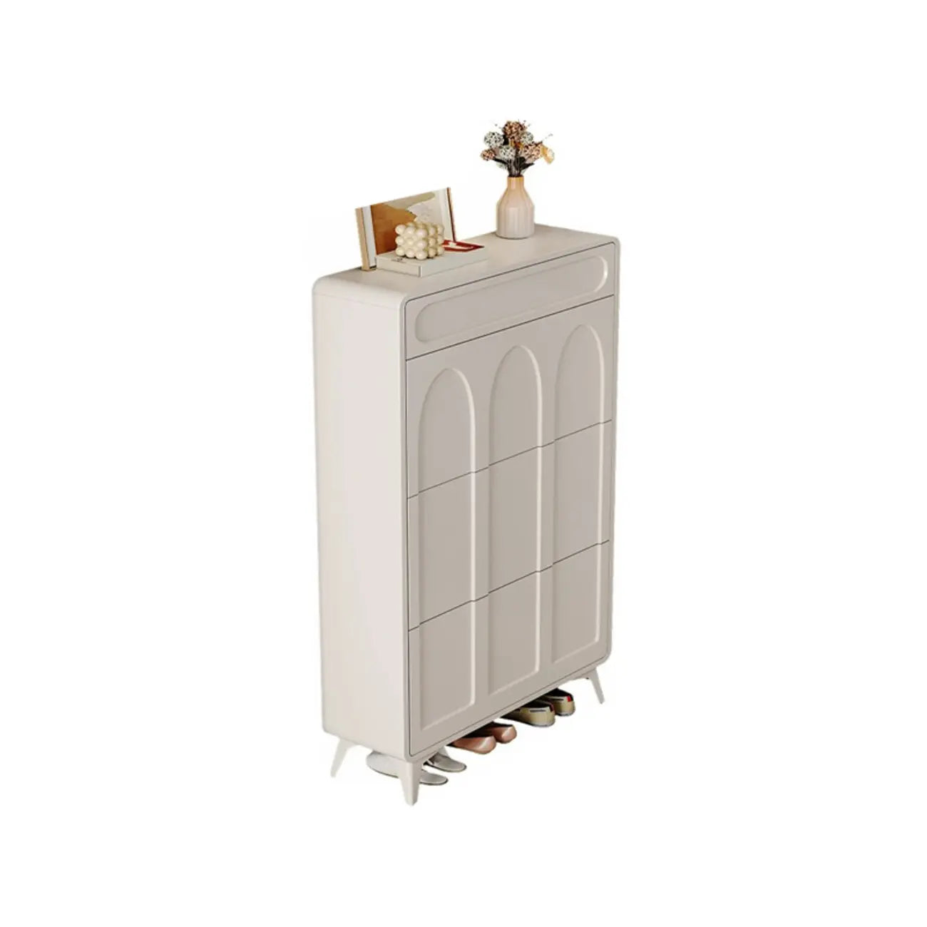 Vertical Slim White Wooden Drop Front Shoe Cabinet
