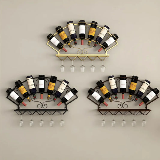 Fan-shaped Simple Metal Wall-Mounted Wine Bottle & Glass Rack